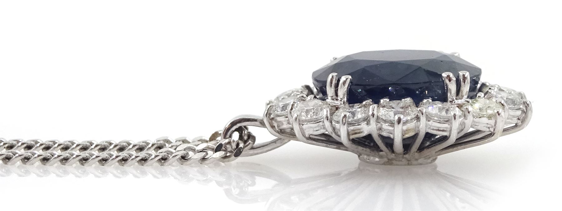 18ct white gold oval sapphire and round brilliant cut diamond pendant necklace, hallmarked, sapphire approx 5.00 carat, total diamond weight approx 1.10 carat