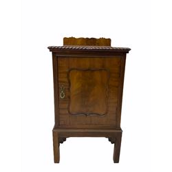 Early 20th century mahogany bedroom suite - dressing table (W122cm, H161cm, D56cm), chest (W107cm, H125cm, D51cm), and bedside cupboard (W44cm, H80cm, D44cm)
