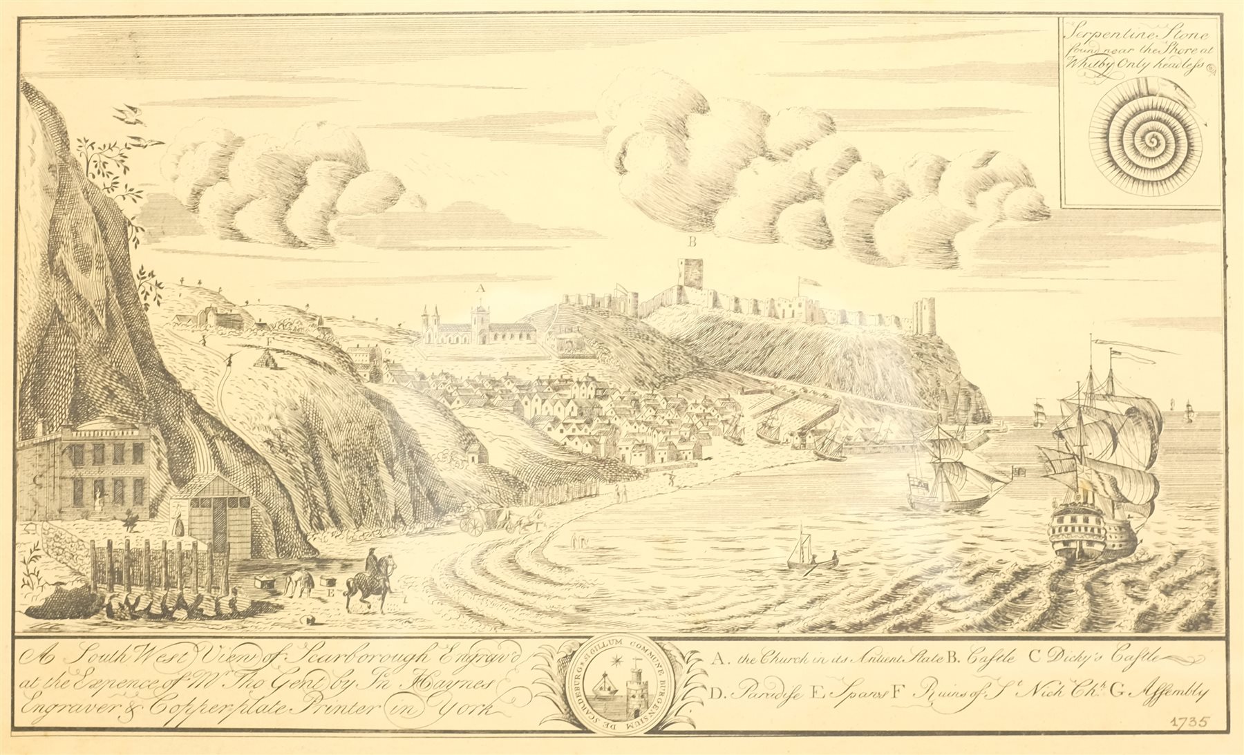 After John Haynes (British fl.1730-1750): 'A South West View of Scarborough', late 19th century engraving in original John Linn & Sons ebonised frame 27cm x 43cm
