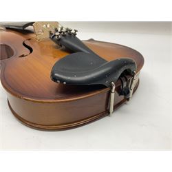 Chinese Parrot violin with 35.5cm two-piece back; L59.5cm in carrying case; and early 20th century German violin for restoration; bears label 'Antonius Stradivarius Faciebat Anno 1730'; cased with bow (2)