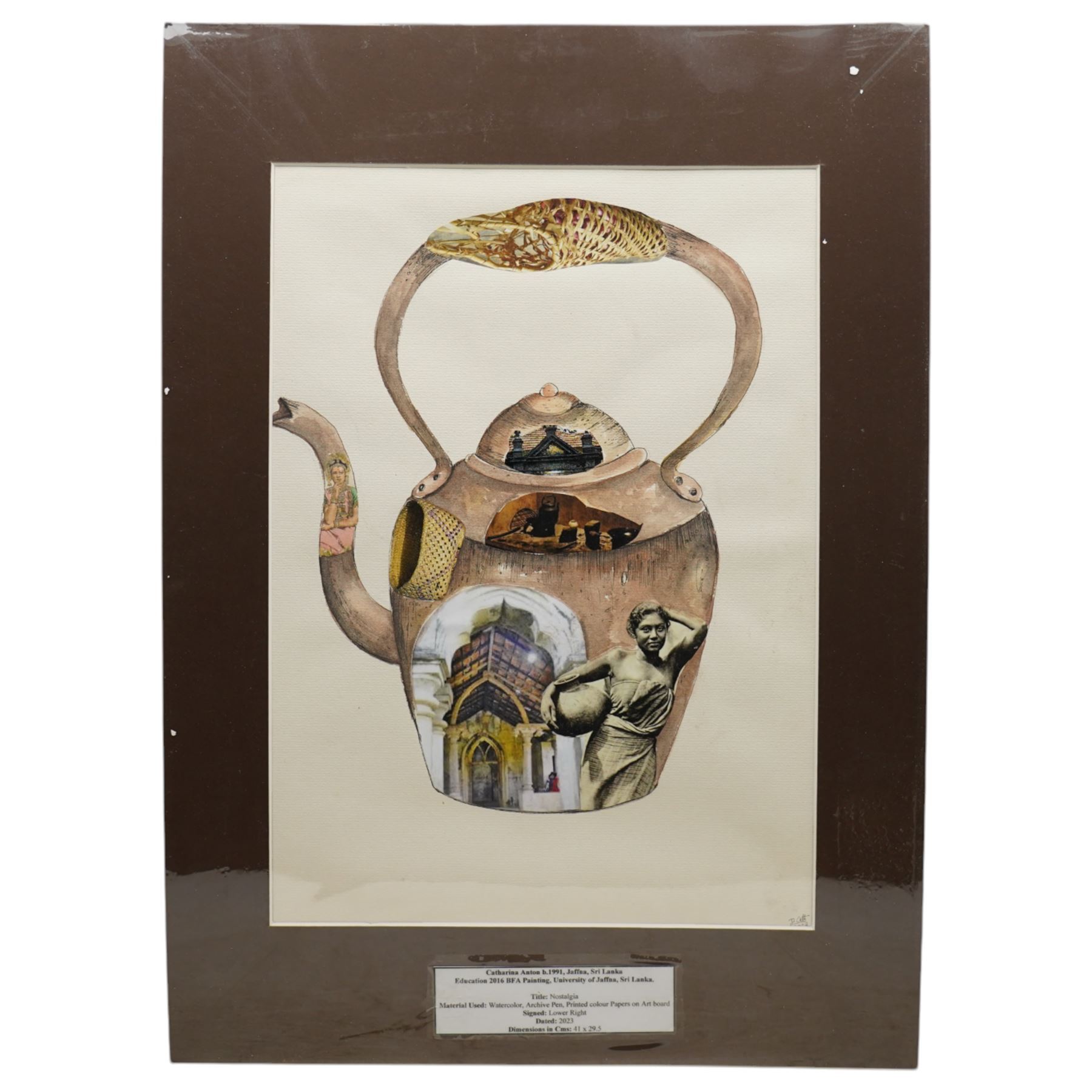 Catharina Anton Danial (Sri Lankan 1991-): 'Trinco City Map'; Mudhouse; Kettle; 'Galle Fort'; Lamp, set six watercolour and mixed media collages from 'Nostalgia' series, signed and dated 2023-2024, max 39cm x 28cm (6)
Notes: Catharina Danial is a Sri Lankan artist working with watercolour, thread, and collage to explore memory, place, and environmental change. A graduate of the University of Jaffna (BFA, 2016), she has exhibited with ARTRA Magazine, Colomboscope, and Saskia Fernando Gallery. Trinco City Map forms part of her ongoing exploration of coastal regions in Sri Lanka, drawing from field research, personal narrative, and ecological observation—particularly the impact of the economic crisis on marine life and coral ecosystems.
