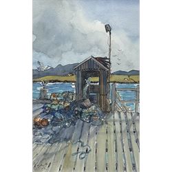 Gill Douglas (Northern British 1944-): 'The Hut on the Pier - Aultbea, Loch Ewe, Wester Ross', watercolour signed, titled verso with artist's York address label 28cm x 18cm Notes: Originally from Newcastle upon Tyne, at the age of 28 Gill moved to study Theatre Design at Art College in Nottingham. On completion of her Diploma, in 1976, she moved to York to establish herself as an artist and print maker
