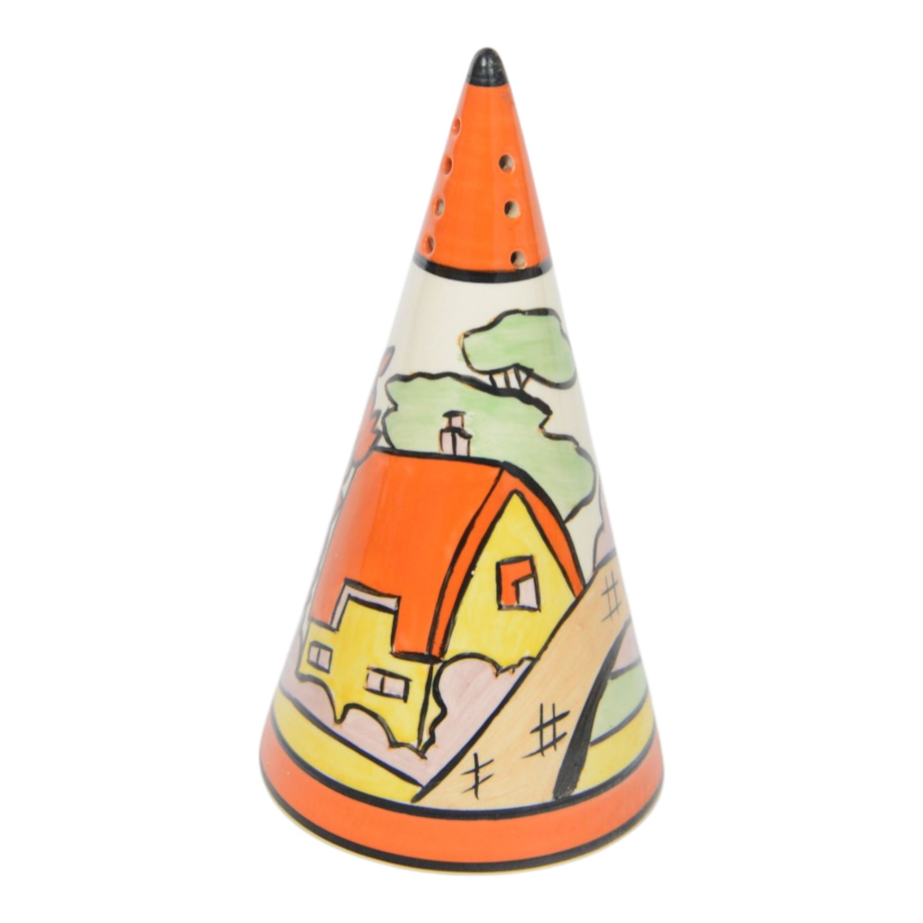 Wedgwood Bizarre by Clarice Cliff, four Conical Sugar shakers, comprising May Avenue, Trees and House, Sliced Circle and Orange Roof Cottage, all with certificates and boxes 