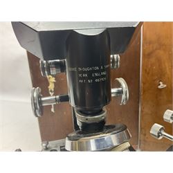 Four microscopes, including Cooke, Troughton & Simms no M467926, W Watson & Sons no 114758, W & J George & Beck Ltd no 36649 and one other 