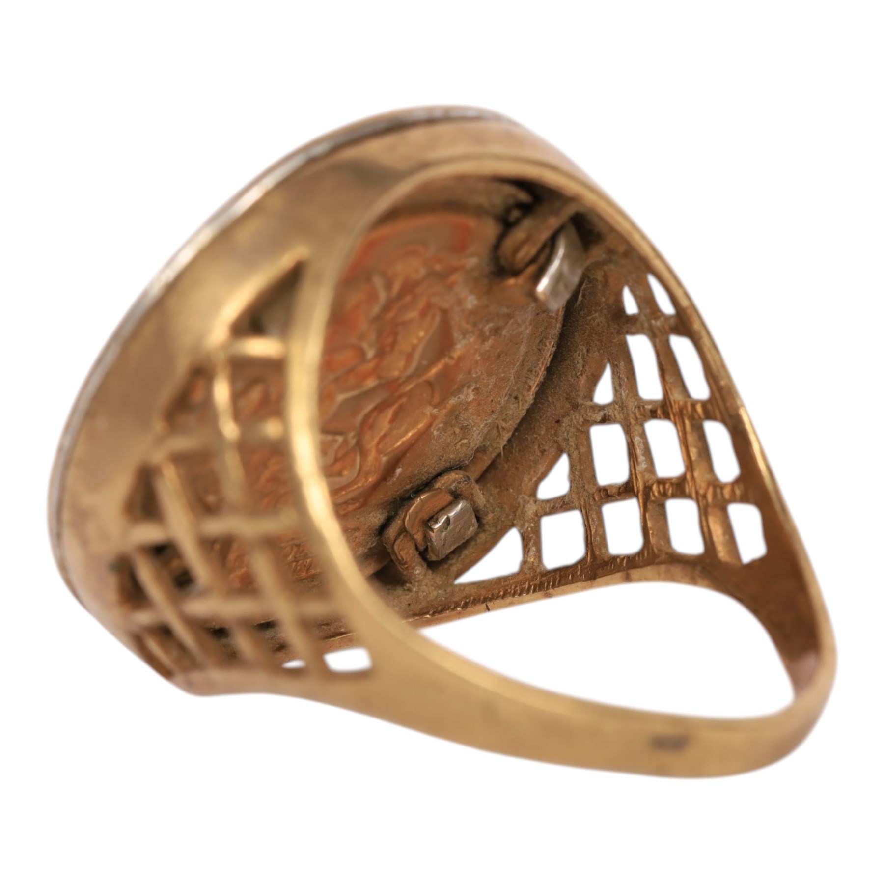 9ct gold St George coin ring, with cubic zirconia surround, hallmarked