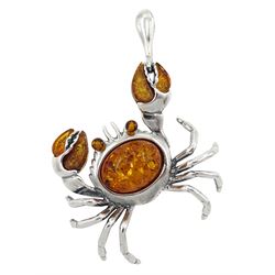 Silver Baltic amber crab pendant, stampe