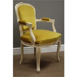 French style ivory painted armchair with gold dralon seat and back panel, W61cm  