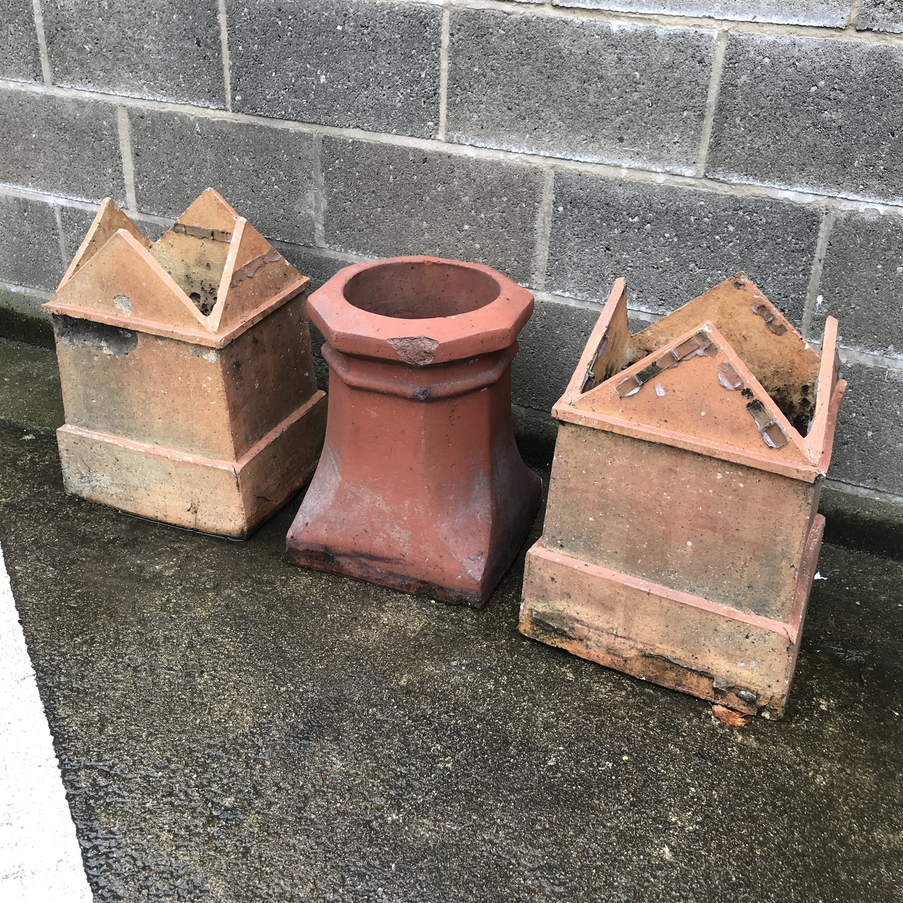 Pair square chimney pots (W38cm, H53cm, D33cm) and a octagonal chimney pot 