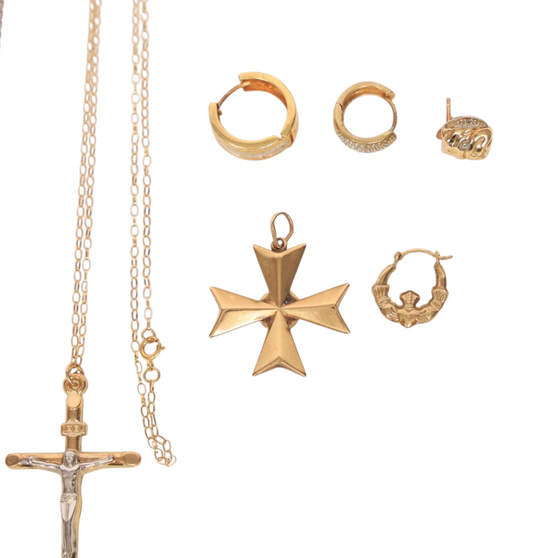 9ct gold jewellery, including paste set signet ring, star pendant and three single earrings, 18ct gold single hoop earrings, pair of gold on silver cufflinks and a silver ingot and chain  