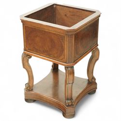 Edwardian style walnut jardiniere stand, of square form, with burr walnut veneered side pa...