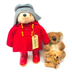  Gabrielle Designs Paddington Bear with red coat, grey hat and Dunlop Wellington boots H48cm, a rabbit fur Koala teddy bear and another similar (3)  