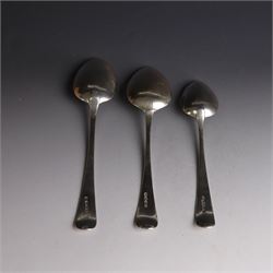 Three George III silver Old English pattern spoons, comprising table spoon with engraved monogram to terminal, hallmarked Thomas Wilkes Barker, London 1806, another table spoon hallmarked London 1806, and a Scottish silver dessert spoon hallmarked James Orr, Edinburgh 1805