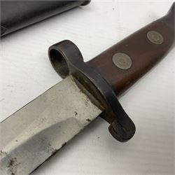 British Pattern 1888 knife bayonet, the 30.5cm double edged blade with raised central medial ridge; in leather covered scabbard L40.5cm overall