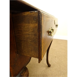  Early 18th century oak low boy, overhanging top with rounded corners above a single feather banded drawer with original handles , shaped apron on angular cabriole legs, W73cm, H72cm, D51cm  