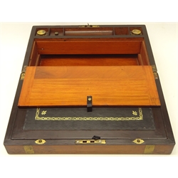  Victorian brass bound walnut folding Writing Slope, fitted interior with two inkwells and concealed drawers, W45cm, H16cm, D25cm  