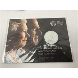Great British and World coins to include Queen Elizabeth II 2017 ‘The Platinum Wedding Anniversary’ fine silver twenty pound coin in card folder, 2020 Isle of Man ‘Peter Pan’ fifty pence collection, first day covers, commemoratives etc, in display cases, folders and loose 