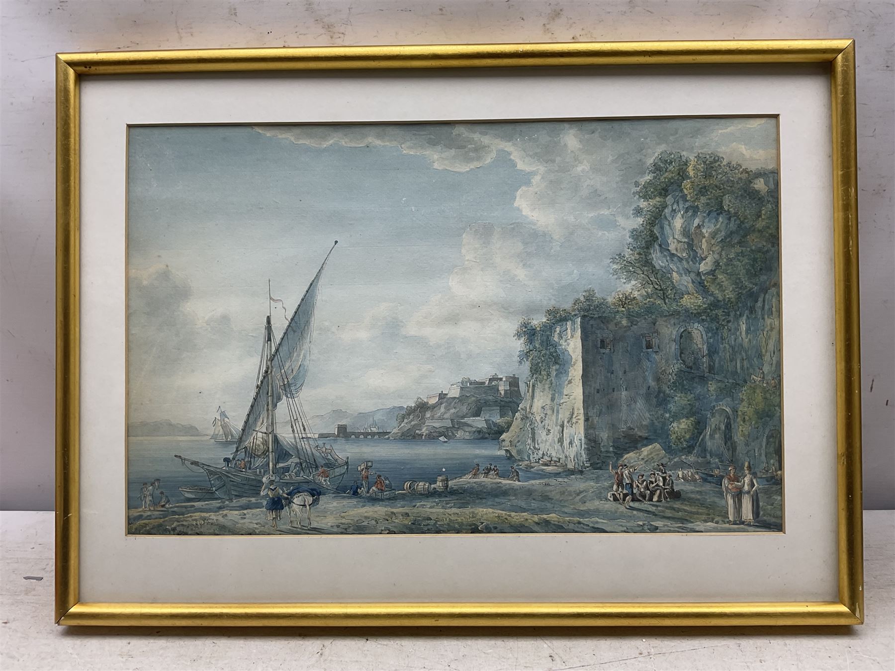 After Abraham-Louis-Rodolphe Ducros (Swiss 1748-1810): View of the Bay of Baiae and an Italian Hillside Villa, pair 18th century watercolours unsigned, one with Sotheby label verso 31cm x 48cm (2) 
Notes: an almost identical watercolour of the Bay of Baiae of a similar size by Ducros was sold in The Ingram Collection, Sotheby's London 8th December 2005 Lot 104.