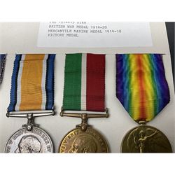 Representative display of five WWI Campaign Stars and Medals to different recipients comprising 1914 'Mons' Star to 13800 Gnr. R. Pexman R.F.A.; 1914-15 Star to TS822 F. Bage T.R. R.N.R.; British War Medal to 90461 Dvr. A.A. Cross R.A.; Mercantile Marine Medal to Patrick J. Magrath; and Victory Medal to 2657 Cpl. W.R. Kenny Norf. Yeo.; all with ribbons (5)