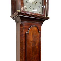 Denton & Fox of Hull – Early 19th century mahogany 8-day longcase clock c1802, pagoda pediment with an oval inlay and three ball and spire finials, break arch painted dial and hood door flanked by reeded pilasters with brass Corinthian capitals, long trunk door with conforming break arch top on a rectangular plinth raised on bracket feet, early Wilson (Birmingham) dial with Roman numerals, five minute Arabic’s and minute dots, subsidiary seconds dial and calendar aperture, with matching steel hands, floral spandrels within raised gesso work and a conforming oval depiction of a young maiden and dog to the break arch, dial pinned via a falseplate to a rack striking movement with a recoil anchor escapement striking the hours on a cast bell. With pendulum and weights.
Joseph Denton was a respected and prolific Hull clock maker working in Scale Lane Hull 1779 and Silver Street 1782-1814. Entering a short-lived partnership with Charles Fox from Beverley in 1802.

