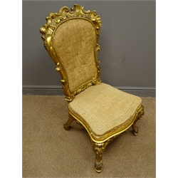  19th century carved gilt wood salon chair, shaped back with scroll work detail, serpentine seat, labelled 'W.Constantine & Co Leeds, Workman's name: Maxwell Gilder'. Provenance Castle Howard, W52cm, H98cm, D50cm  