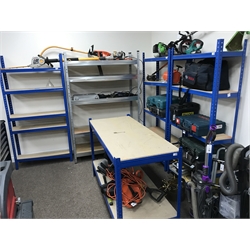 Three blue framed five tier storage shelves (W90cm, H179cm, D30cm) a single blue framed two tier work table (W141cm, H89cm, D60cm) and a metal framed five tier storage shelf (W120cm, H180cm, D45cm) (5)