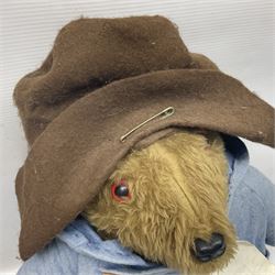 Paddington Bear with plush covered body, brown felt hat, pale blue duffle coat and blue wellingtons H54cm
