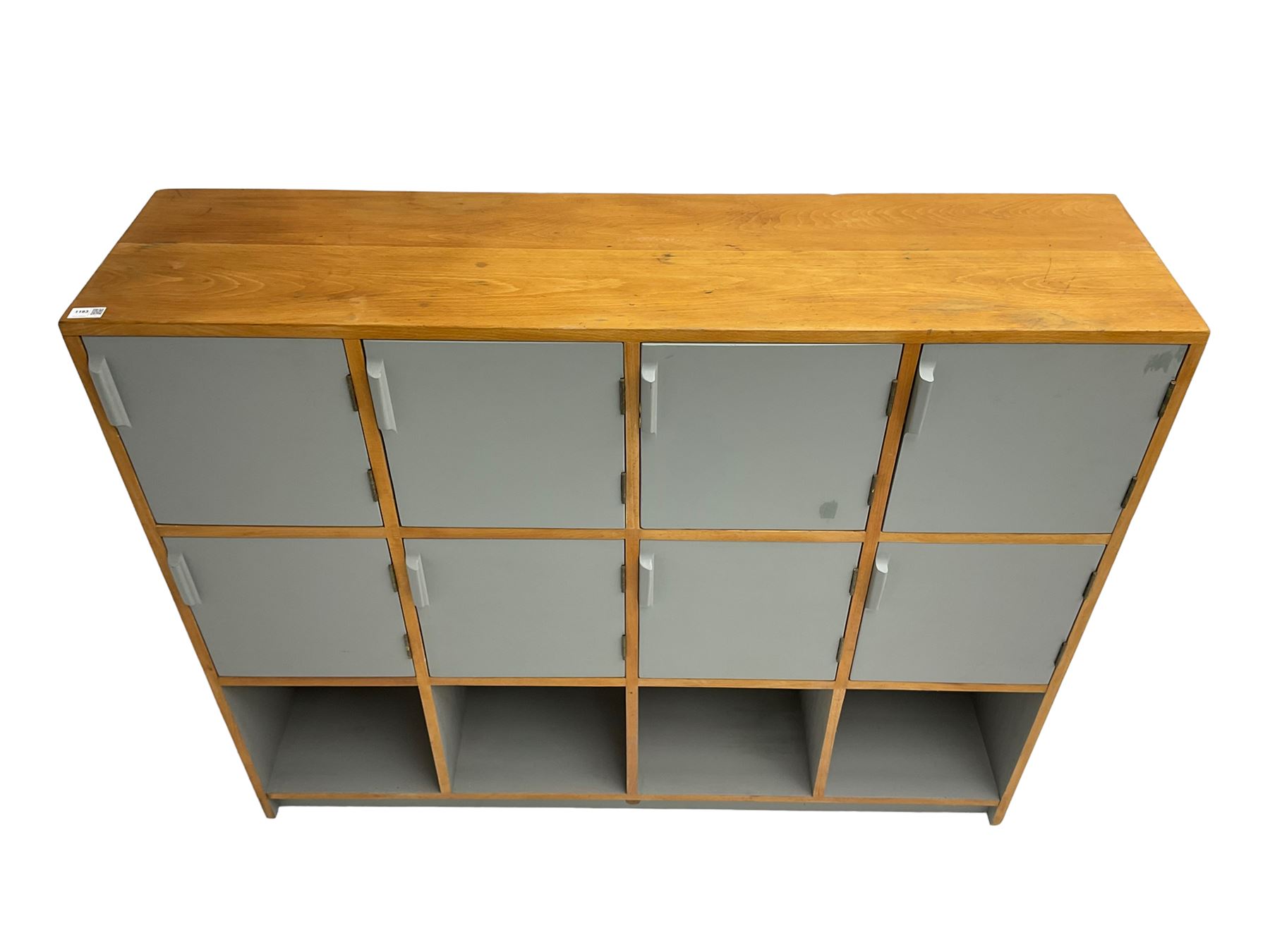 Esavian - mid-20th century school gym locker, fitted with eight cupboards and four open compartments