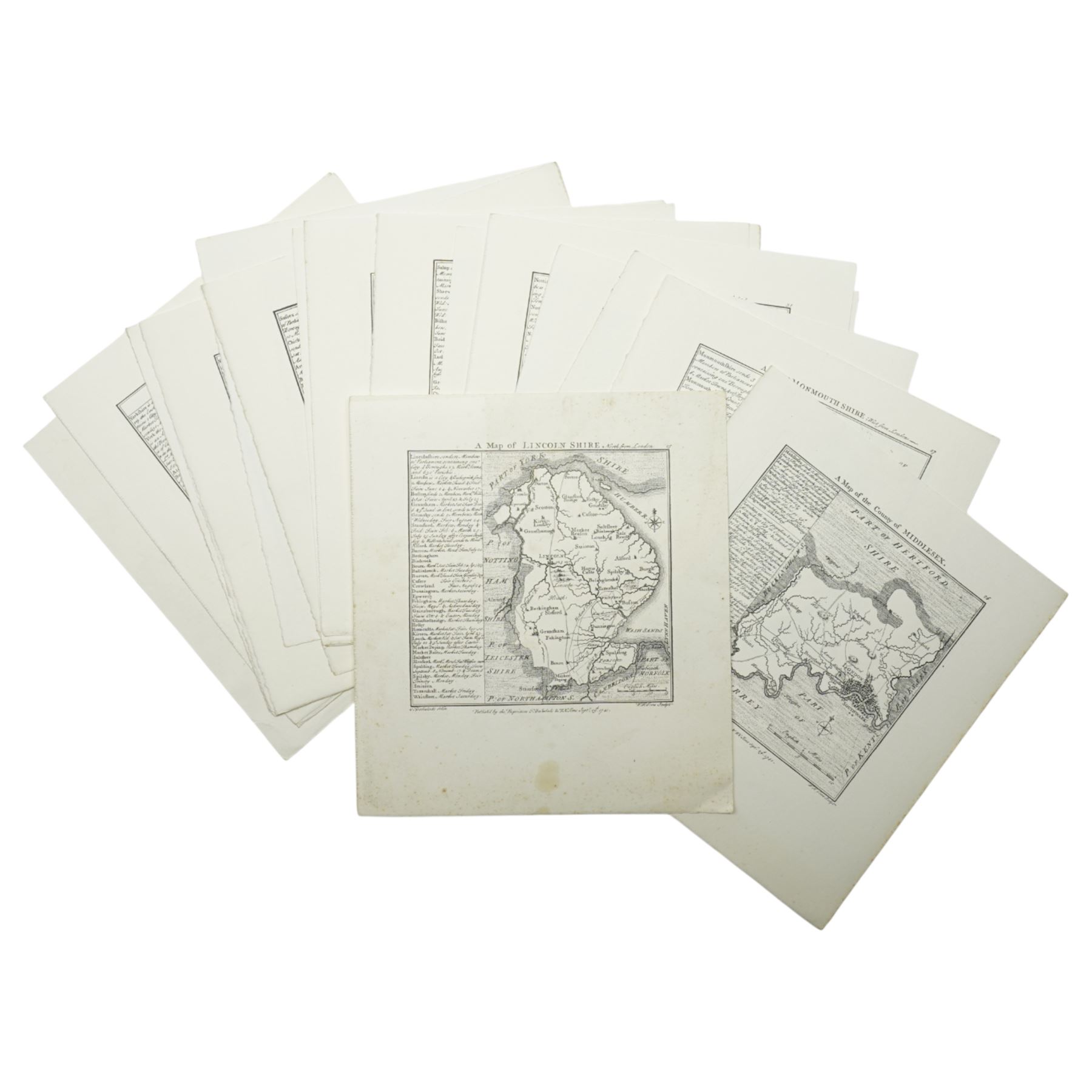 After Thomas Badeslade - Series of twenty two reproduction small black and white county maps from 'Chorographia Britannica' originally engraved by W H Toms, image size approx 14cm x 14cm 