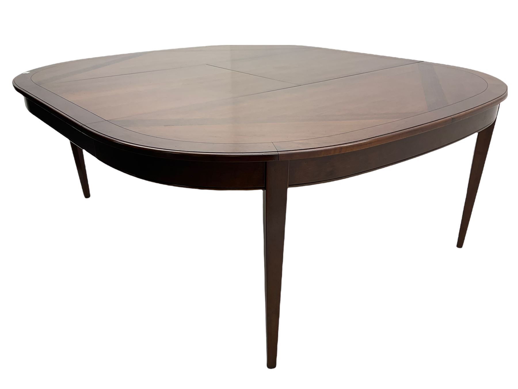 Grange Furniture - cherry wood finish oval extending dining table on square tapering supports, and a set of eight dining chairs with curved backs and upholstered seats 