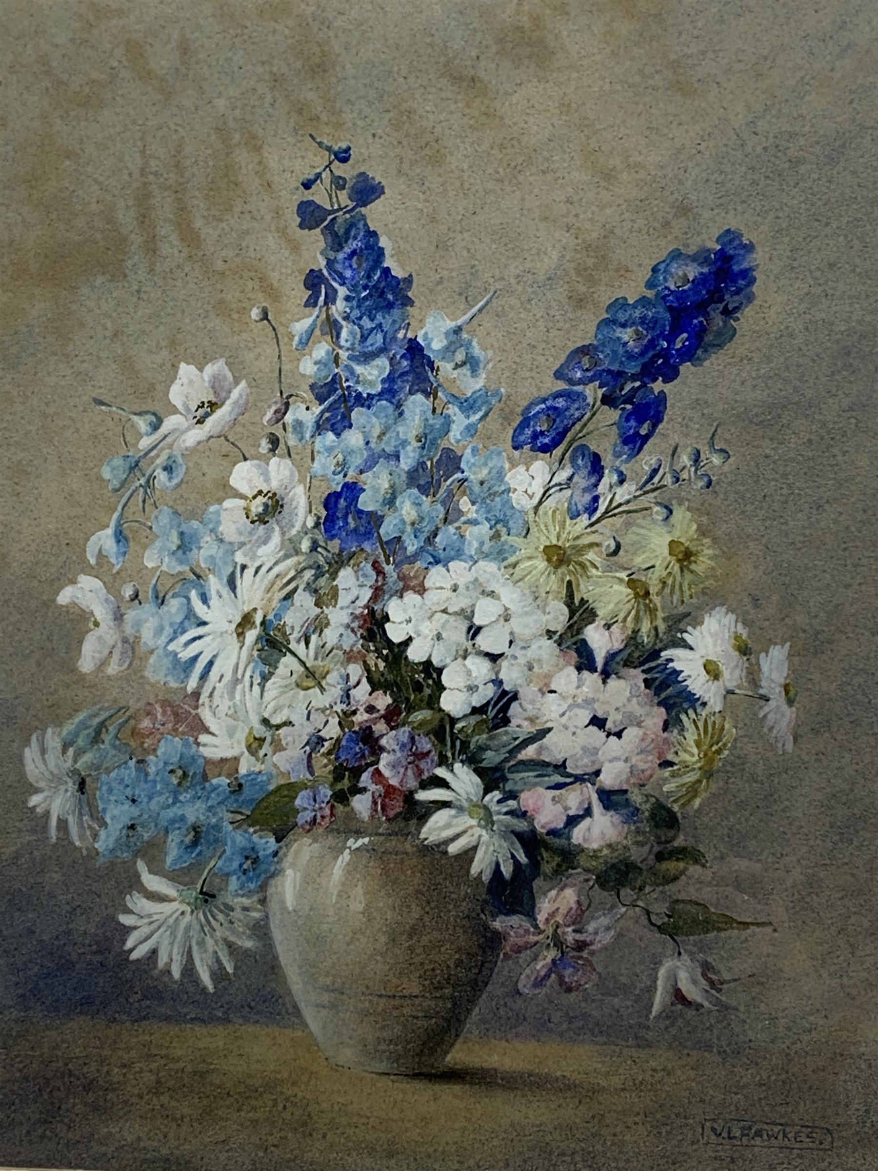 V L Fawkes (Mid 20th century): 'Summer Flowers', watercolour signed, titled with artist's address Well close Cheltenham verso 56cm x 47cm