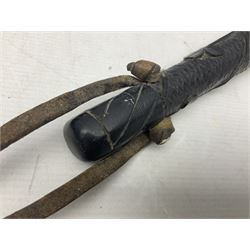 Victorian Irish carved bog oak truncheon decorated with carved with harp and multiple shamrocks, with strap, L31cm