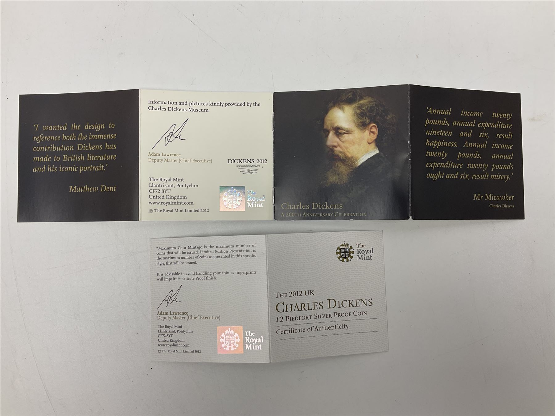 The Royal Mint United Kingdom 2012 ''Charles Dickens' silver proof piedfort two pound coin, cased with certificate