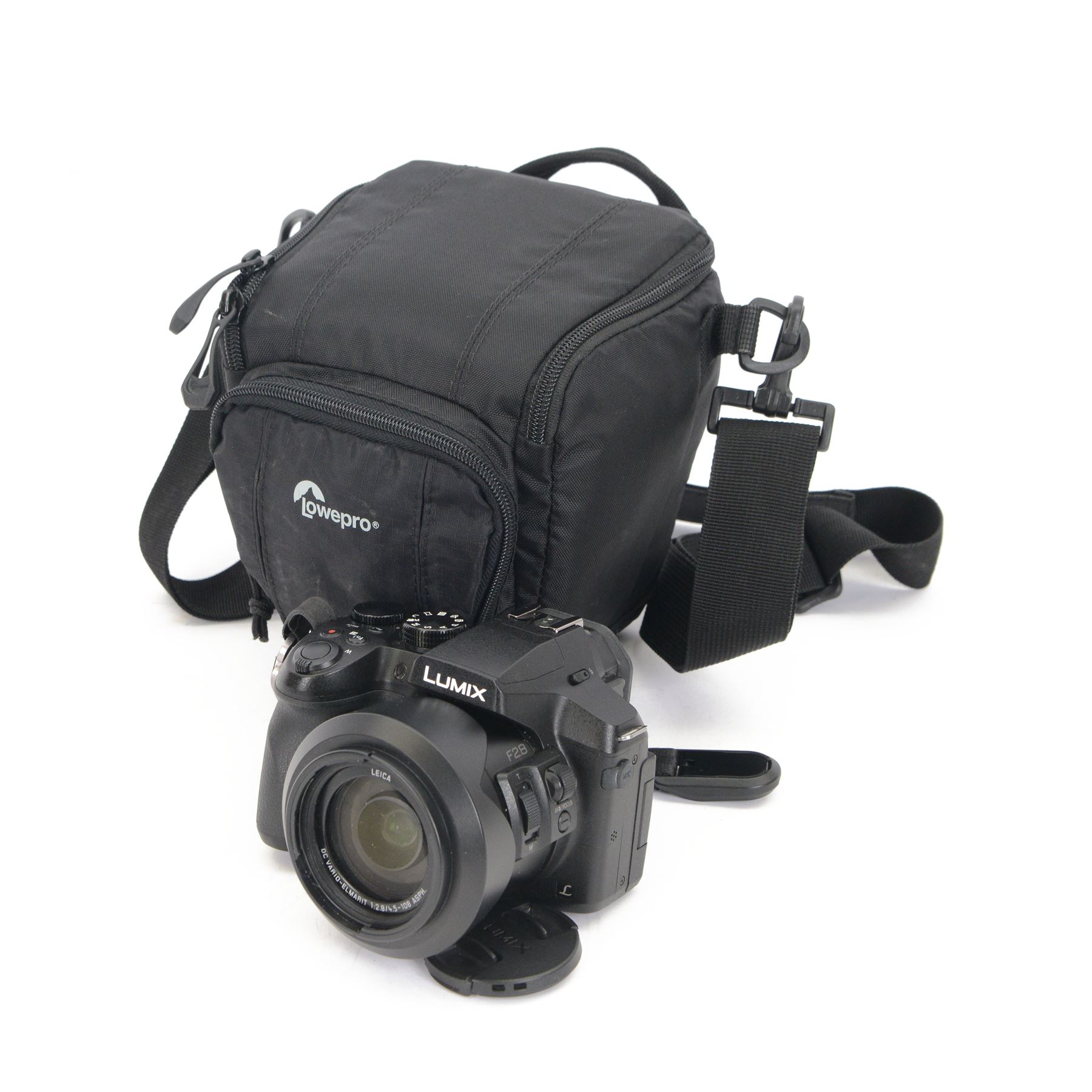 Panasonic Lumix DMC-FZ330 DSLR camera body with a Leica DC Vario-Elamrit 1:2.8/4.5-108 ASPH lens, with lens cap, hood and carry strap, in Lowepro carrycase 
