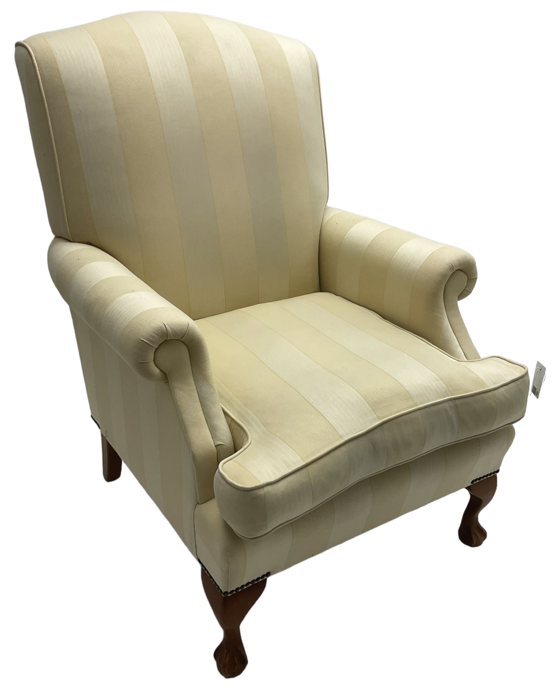 Wesley-Barrell - Georgian design traditional shaped armchair with rolled arms, sprung back and loose seat cushion upholstered in beige striped fabric with gold piping, raised on cabriole supports with ball and claw feet