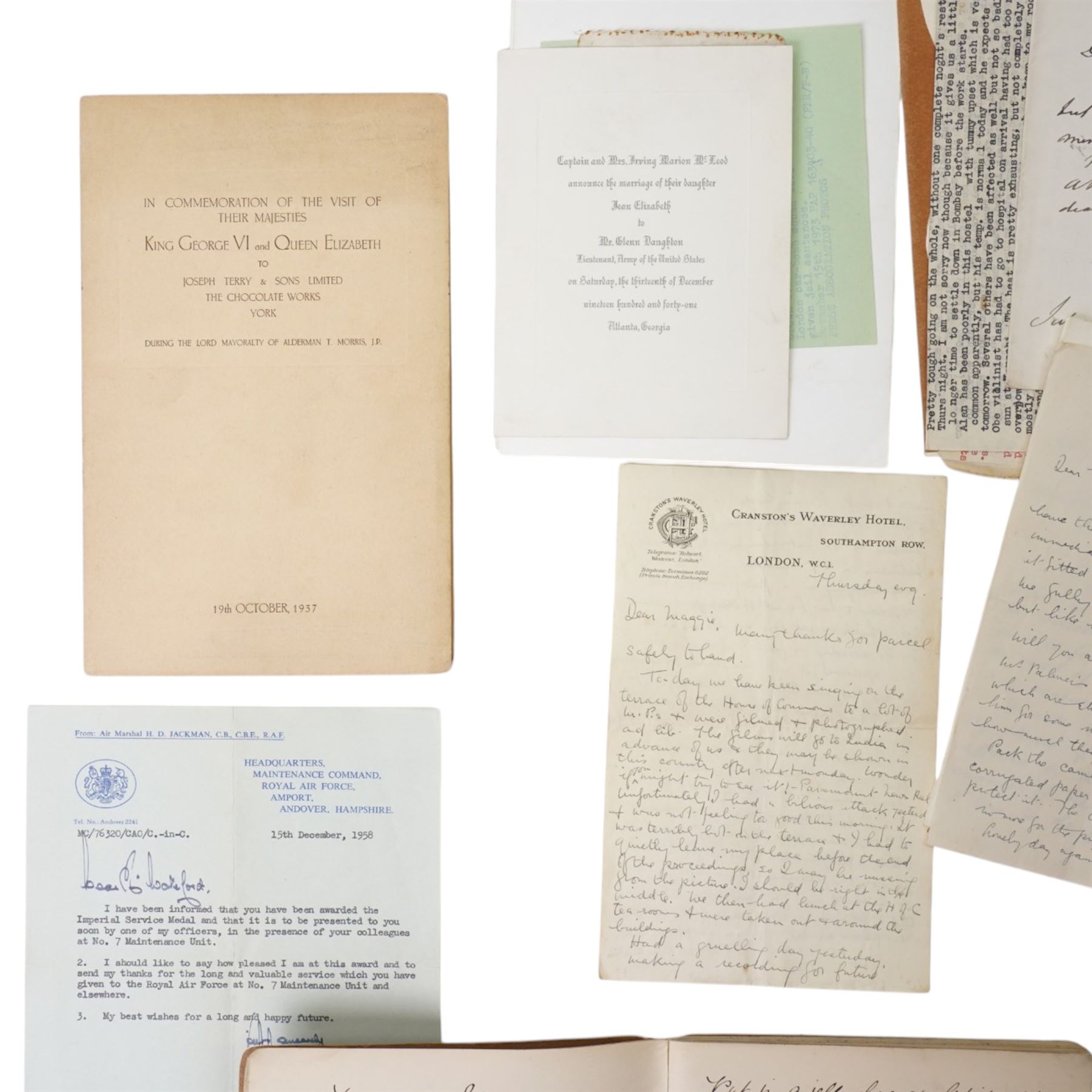 Letter from the artist Thomas Sidney Cooper from his home in Canterbury, July 1890 referencing Mr Constable, number of WWII ENSA correspondence from India, C.E.M.A. programme 1946 with signatures, correspondence and photographs of the McLeod family, hand written recipe book 1898 and other items