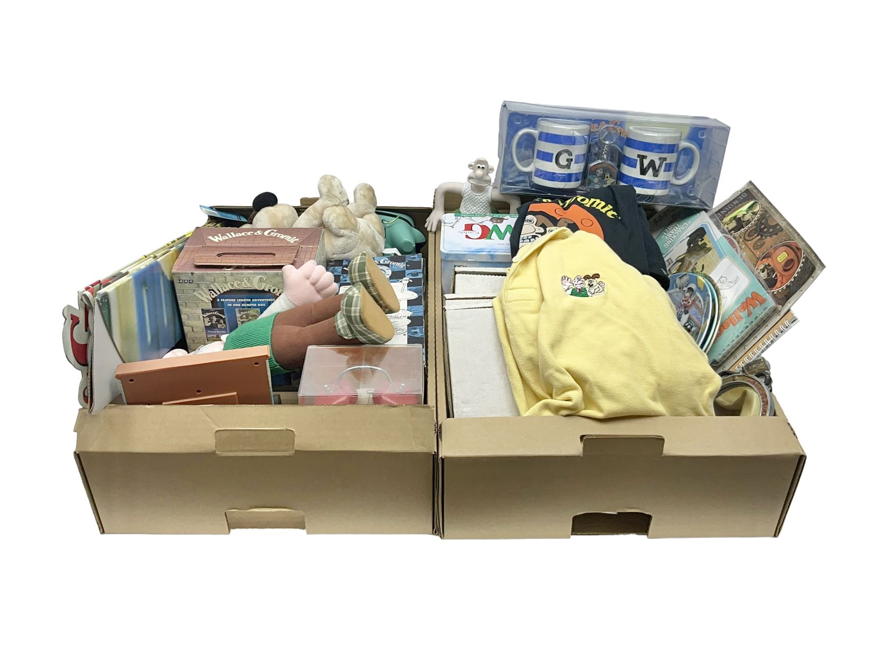 Wallace and Gromit and Shaun the Sheep collectables, including alarm clocks, plates, cafetiere, soft toys, etc, in two boxes