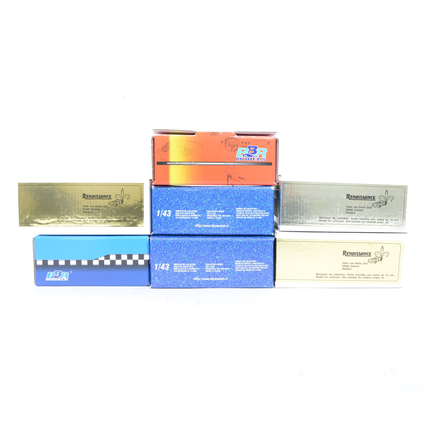 Seven 1:43 scale model car kits, including four BBR Models kits; Maserati MC12 GT Fia Monza 2005, Ferrari 333SP 1000 KM Monza 2000, Maserati Trofeo 2005 and BMW V12 LMR LMP 24H Le Mans 1999, three Renaissance kits; McLaren F1 GTR, Ferrari 365 P2 and Bentley EXP Speed 8, all boxed