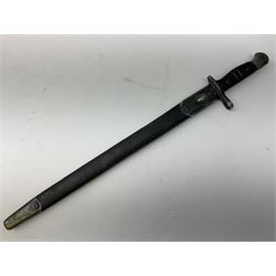 WW1 American Remington P14 rifle bayonet Model 1913, the 43cm fullered steel blade dated 5 17; in metal mounted leather scabbard L57cm overall; and WW1 Canadian Ross Rifle Co.1907 Model Mk.II bayonet, dated 2/17; in leather scabbard with frog (2)