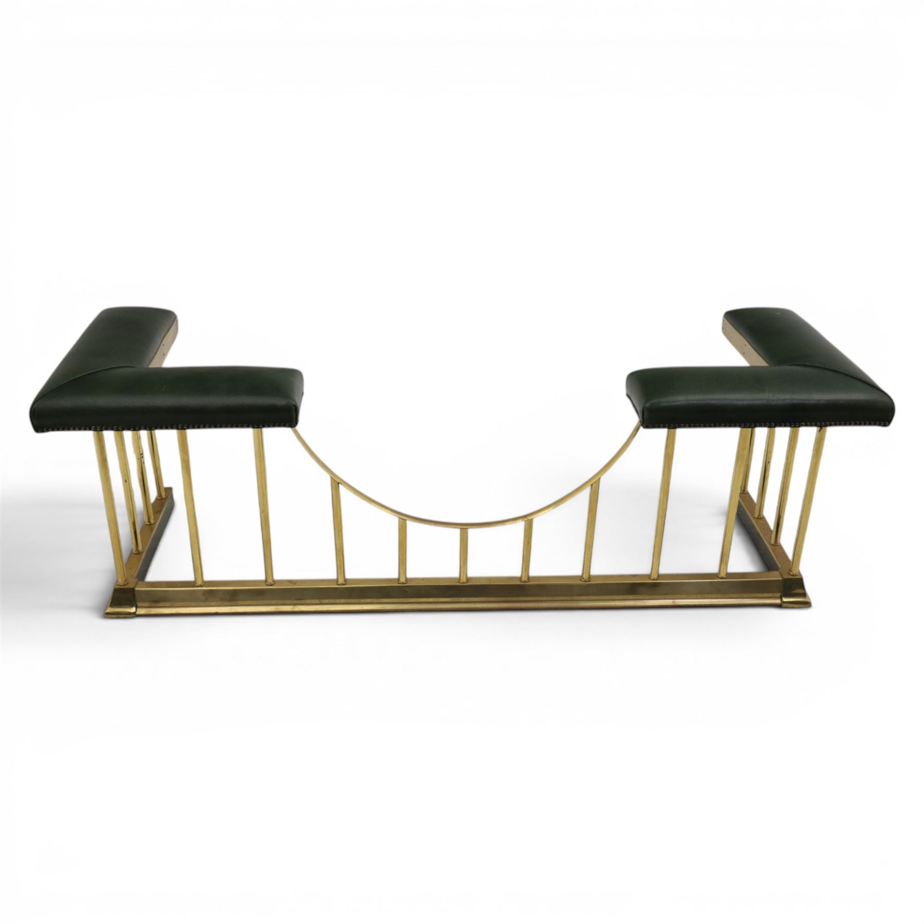 Regency design brass and green leather club fender, padded cushion corners