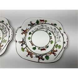 Coalport and Crown Staffordshire hunting scene part teawares, to include eleven teacups and saucers of various sizes, two cake plates, two jugs, four sugar bowls, fourteen dessert plates, etc (68)