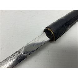 Early 20th century British Army Officer’s leather covered swagger / sword stick by Swaine & Adeney of 185 Piccadilly London; 34.5cm double edged spear point blade with etched foliate decoration and retailer’s details; stamped 'Forged in London' to the edge of the ricasso; L59.5cm overall