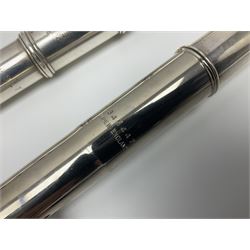 Boosey & Hawkes London Regent three-piece flute, serial no.345447; in B&H Bandhite hard carrying case; and Deg Music Company Inc. USA Claudel Model three-piece flute, serial no.491718, in hard carrying case (2)