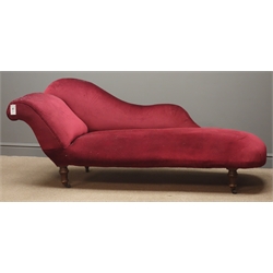  Early 20th century chaise longue, upholstered in red velvet, turned supports, L180cm  
