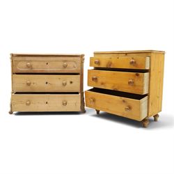 Two pine chests, comprising Victorian pine chest fitted with three  drawers with turned handles, shaped uprights extending to bracket feet, (H 83cm, W 77cm, D 41cm) and Continental pine chest fitted with three drawers with turned handles, on turned feet (H 81cm, W 100cm, D 51cm)