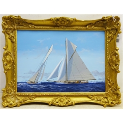 James Miller (British 1962-): America's Cup Series the 12th Challenge 1903 'Shamrock III' & 'Reliance', oil on canvas signed, titled verso 24cm x 34cm