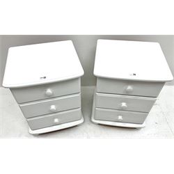Pair painted pine bedside chests, three drawers, turned supports 