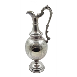 Victorian silver claret jug, ovoid form body chased with floral garlands, oval cartouches above a band of trailing vine leaves, acanthus and beaded scroll handle and chased tapered neck & foot, by Thomas Smily London 1875, approx 25oz, H35cm   