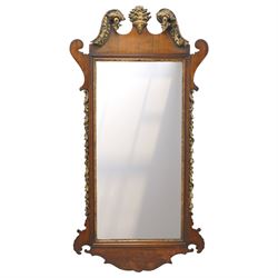 19th century Chippendale design mahogany fret mirror, broken swan neck pediment of foliate...