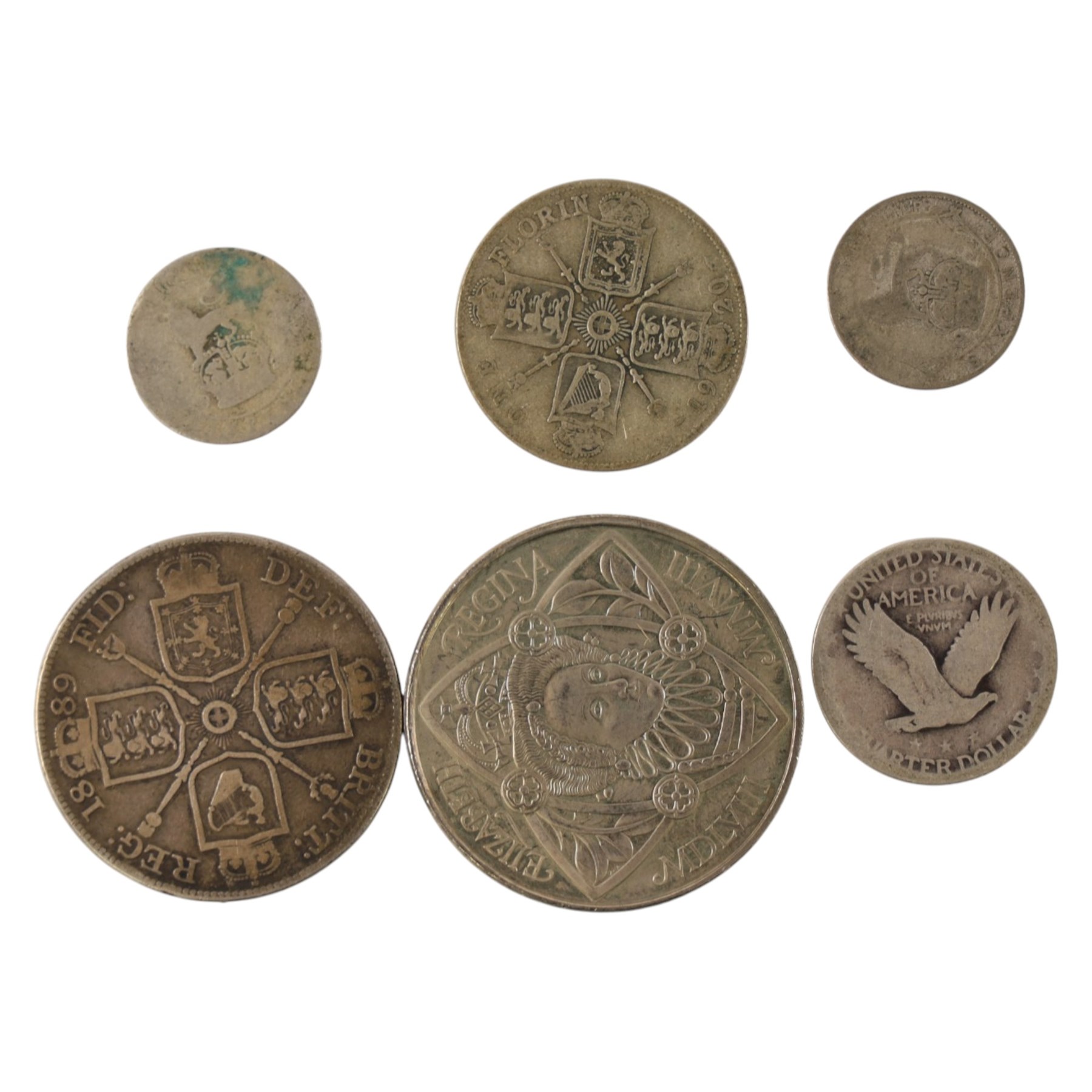 Queen Victoria 1889 silver double florin coin, four further silver coins, Queen Elizabeth II 2008 five pound coins, Bank of England Beale 1951 white five pound note, six Bank of England one pound notes, and further world banknotes