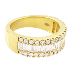 18ct gold diamond three row half eternity ring, single row of baguette cut diamonds, with round brilliant cut diamonds set either side, stamped 750, total diamond weight approx 3.00 carat